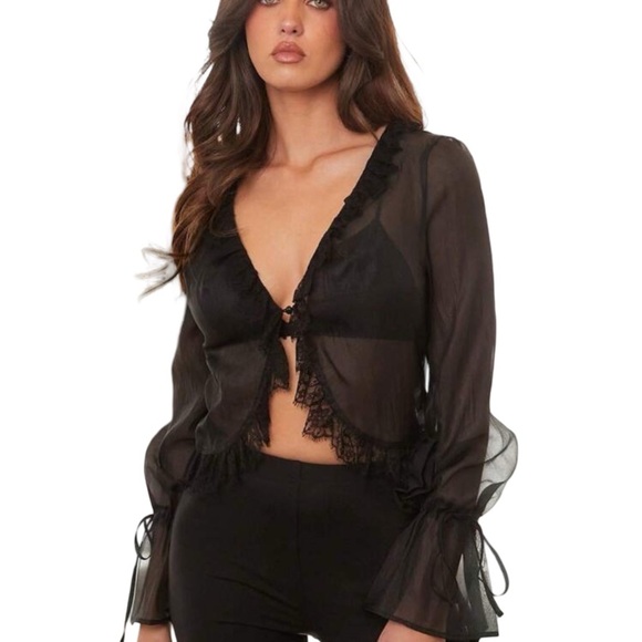 Black Sheer Black Ruffle Boho Blouse Long Sleeve M. - Picture 7 of 10